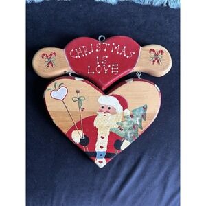 VTG 'Christmas Is‎ Love' Wooden Wall Decor Mexico Santa Tree Hand painted